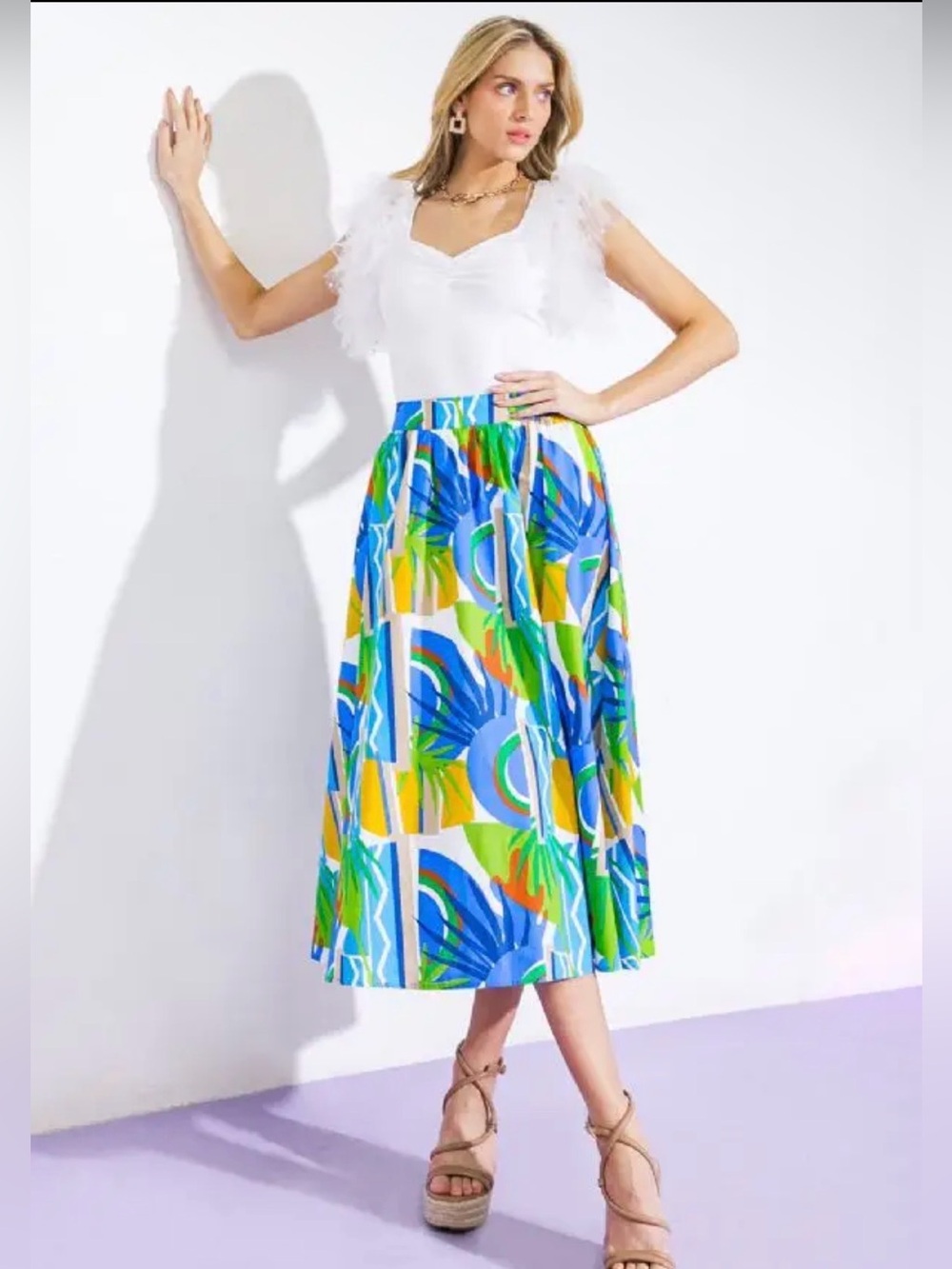 Flying Tomato Women’s Tropical Print Midi Skirt in Blue & Green NWT